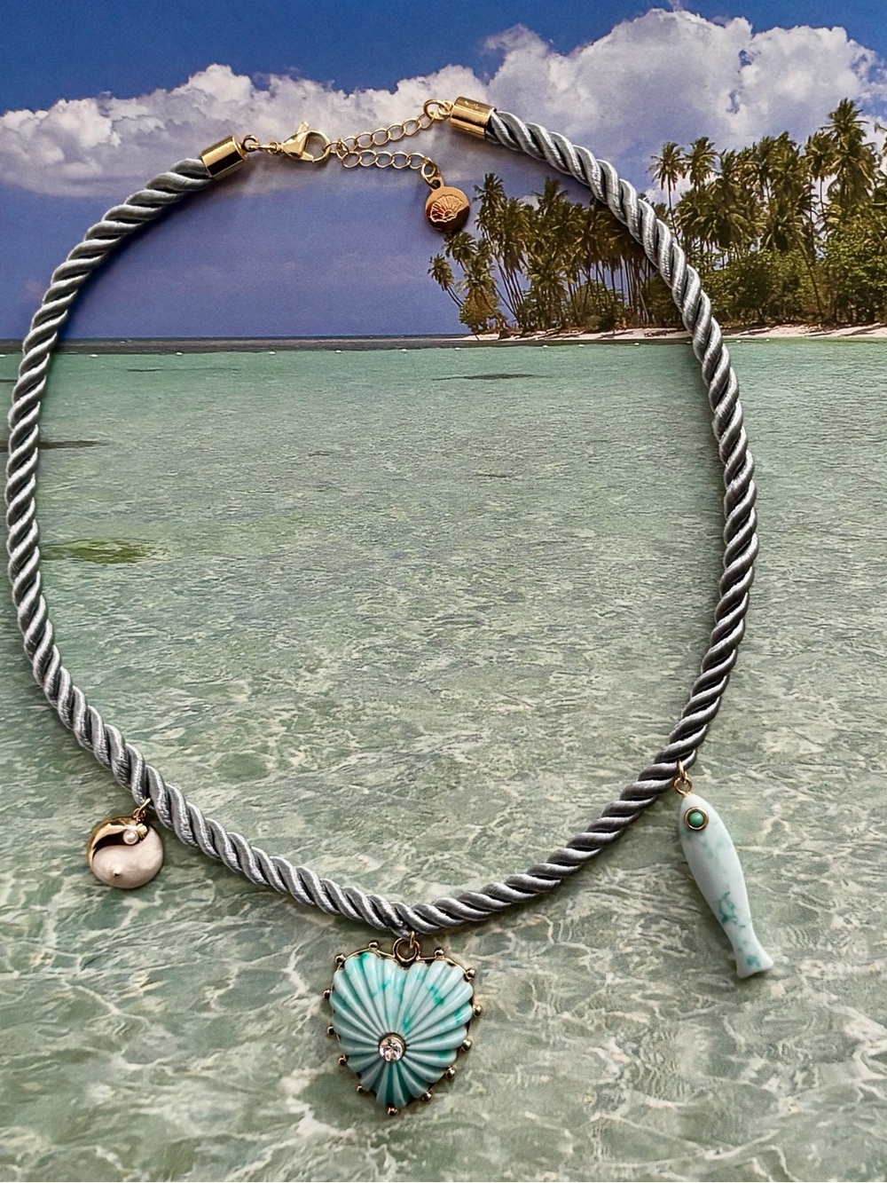 Seafoam Green Shell Heart Charm Necklace with Coastal Pendants